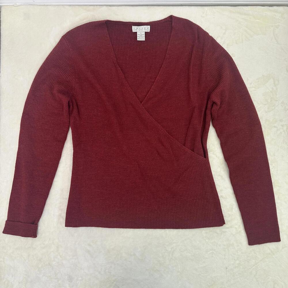 Tweeds Large 100% Italian Merino Wool Sweater Crimson Wrap Ribbed Knit Cozy